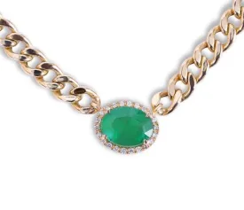 14K GOLD EMERALD & DIAMOND CUBAN LINK NECKLACE