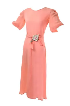 1930s Peach Silk Vintage Dress with Flower Applique