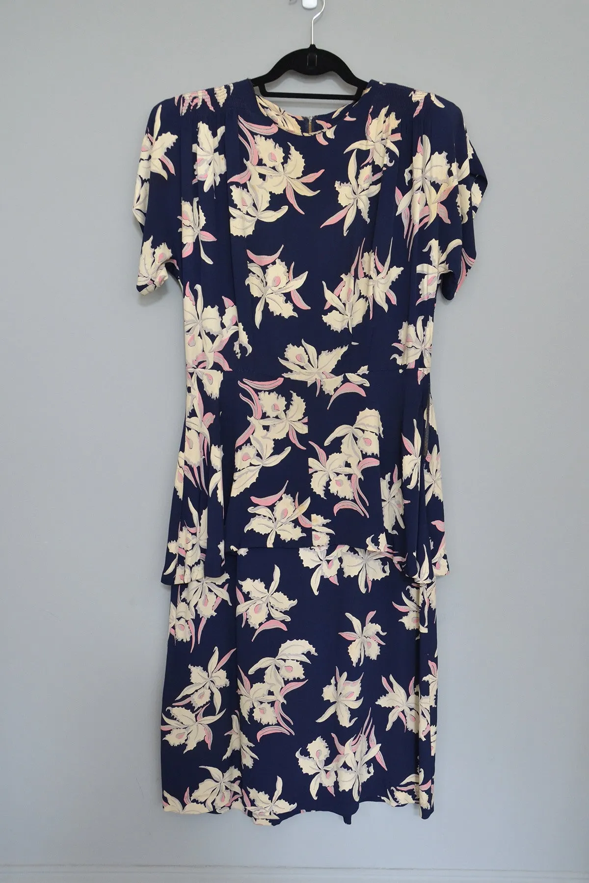 1940s Navy Blue Orchid Print Dress As-Is