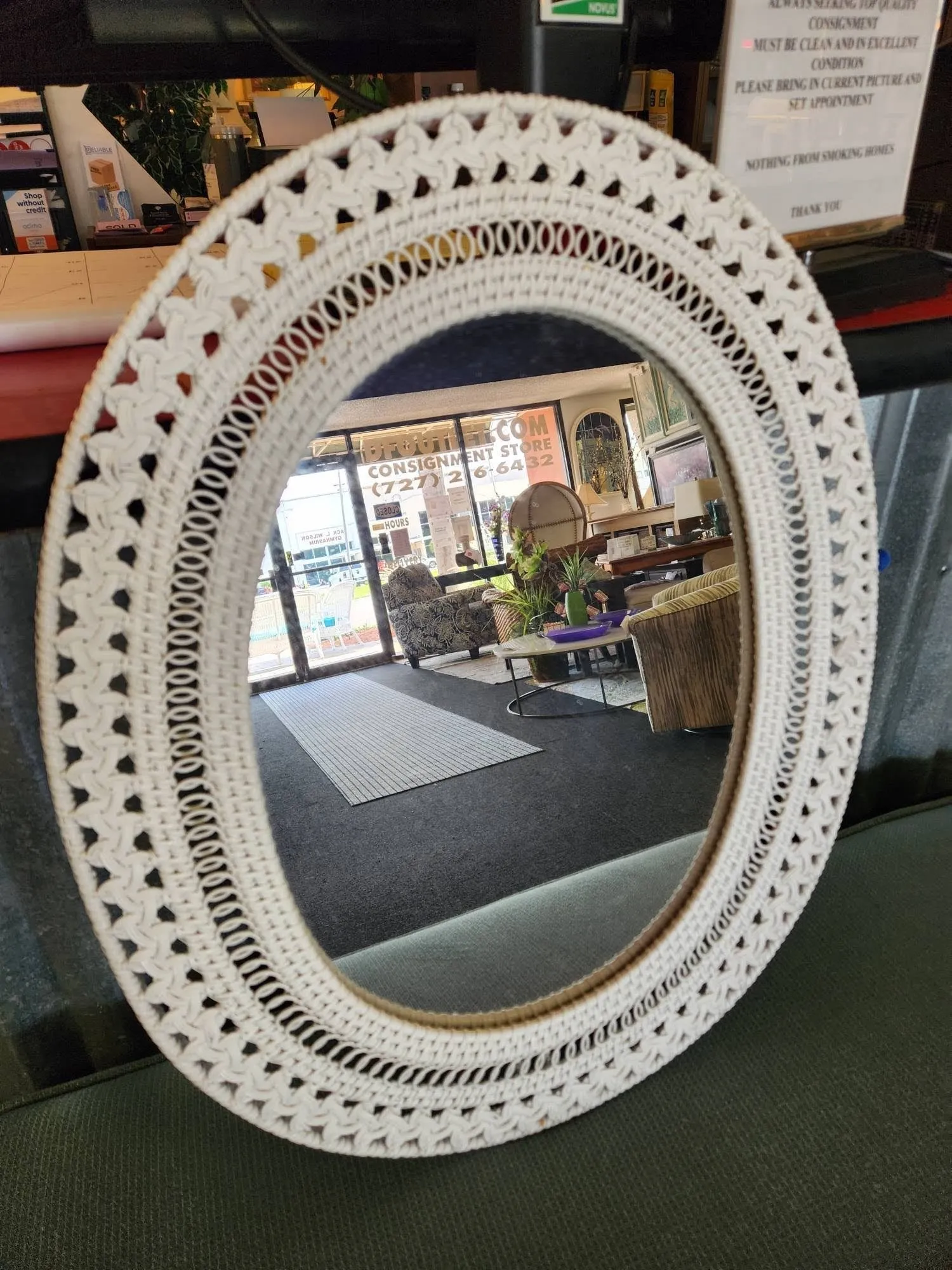 22" x 18" White Resin Wicker Mirror