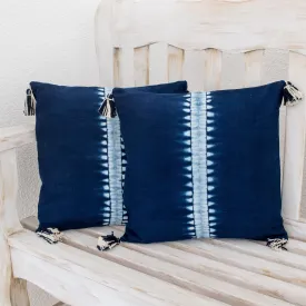 Above the Waves Striped Tie-Dyed Cotton Cushion Covers in Indigo (Pair)