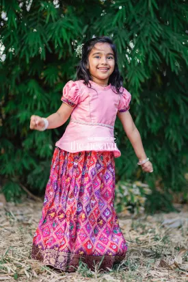 AHF. Pink Designer Printed Silk Pattu Pavadai for Girls