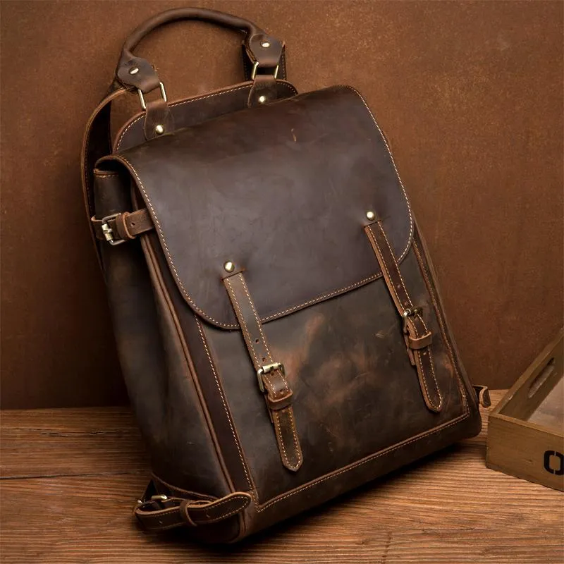 Black Fashion Mens Leather 15-inch Computer Backpack Brown Satchel Backpack School Backpacks for men