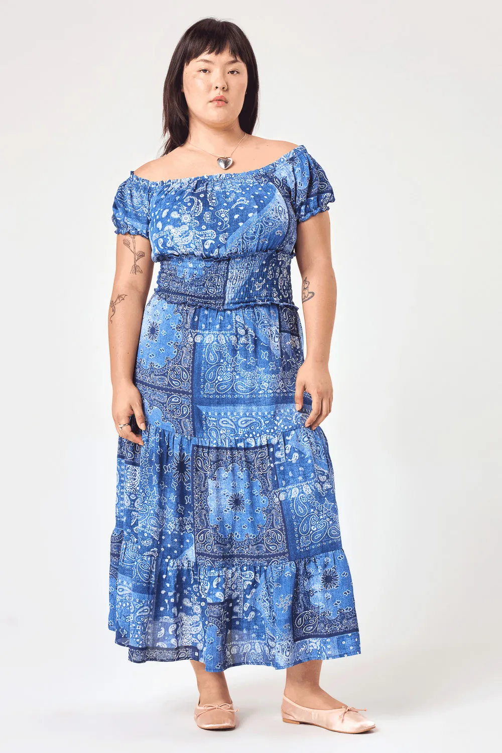 Blue Paisley Patchwork Off Shoulder Midi Dress