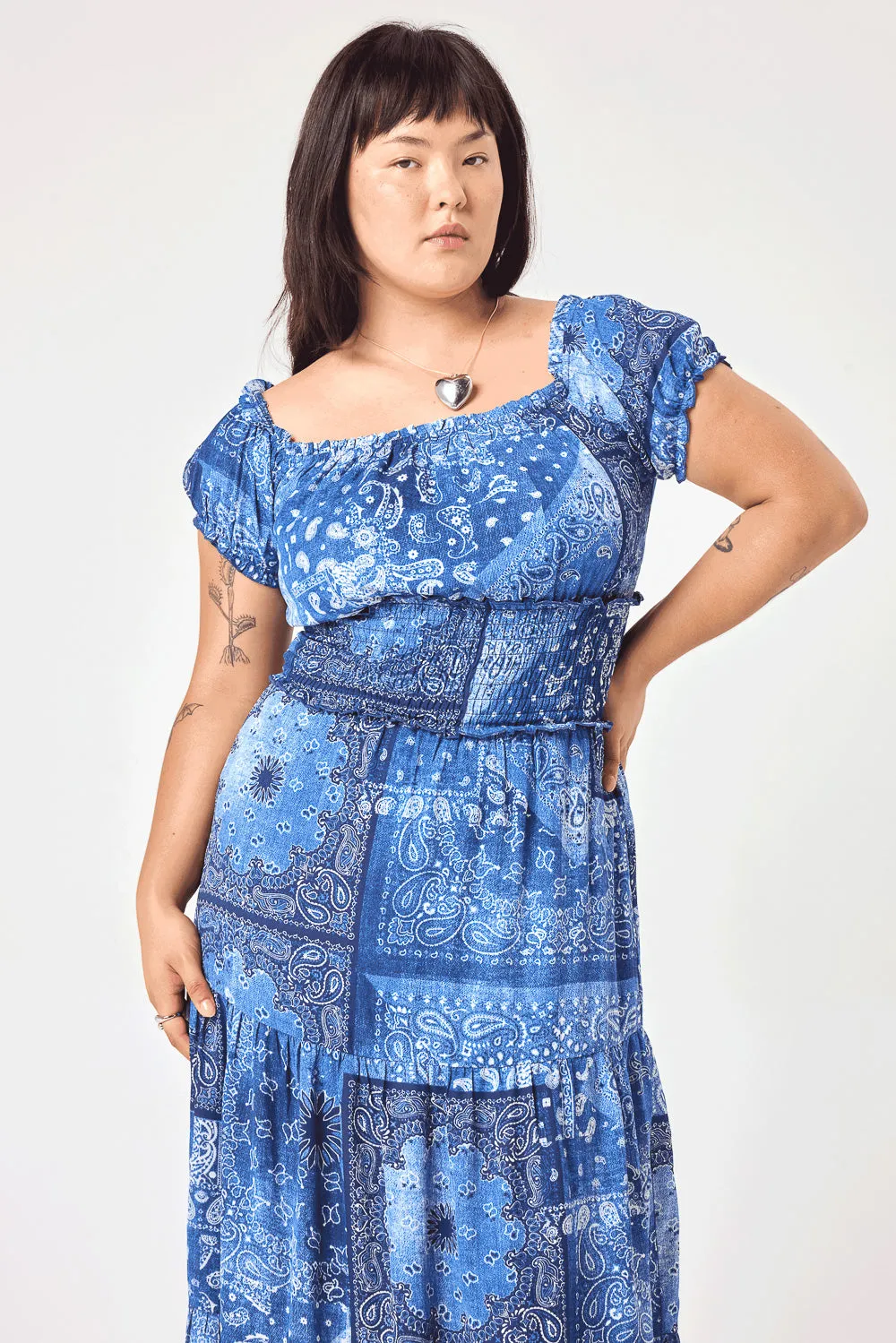 Blue Paisley Patchwork Off Shoulder Midi Dress