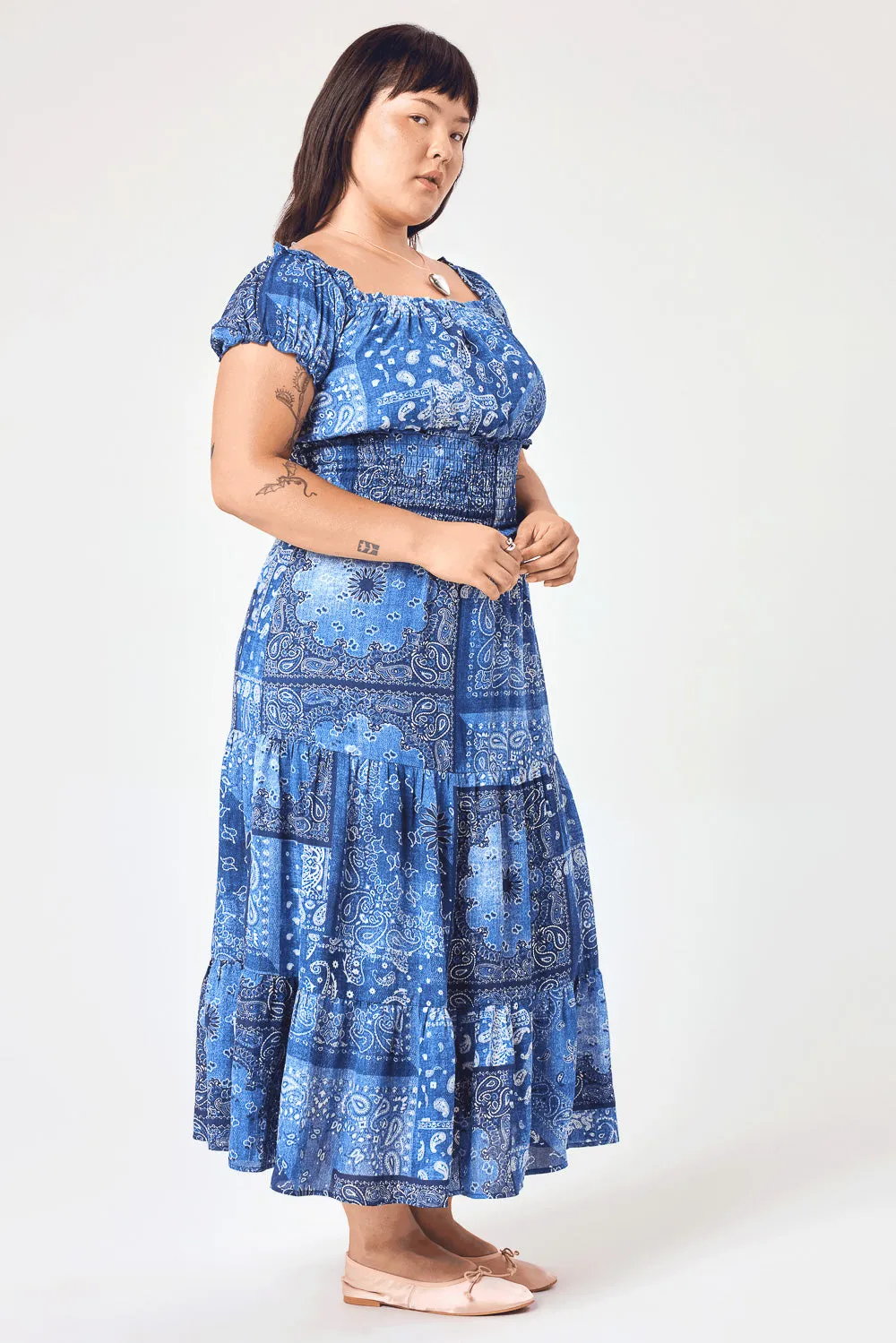 Blue Paisley Patchwork Off Shoulder Midi Dress