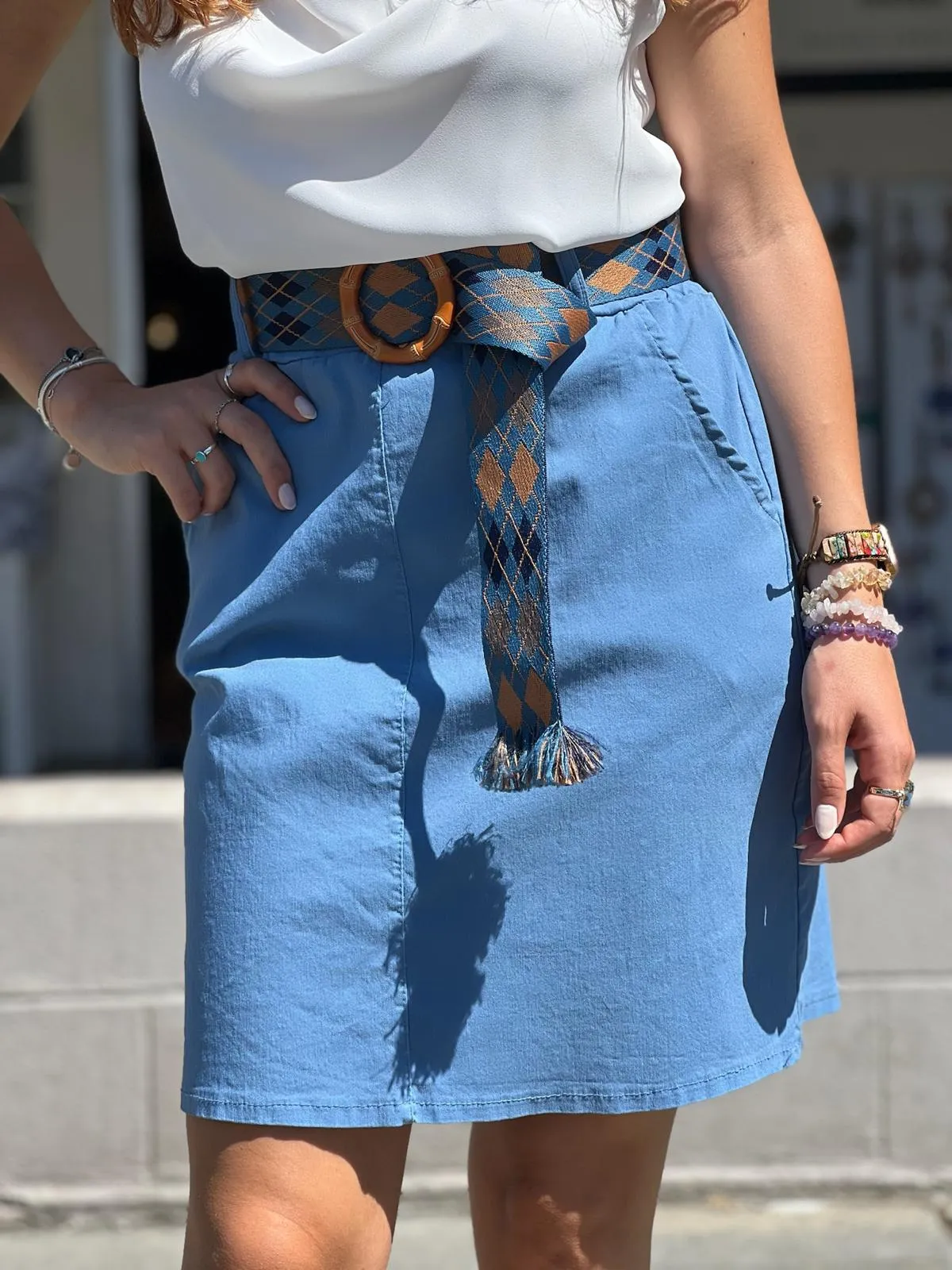 Blue Skirt With Lycra Belt Detail