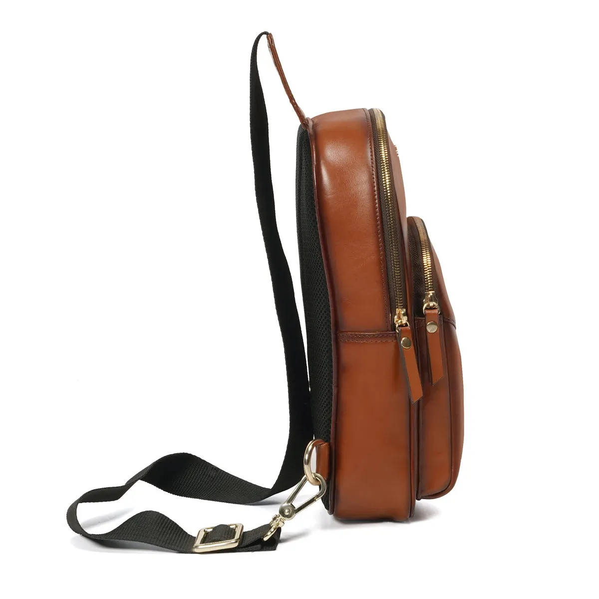 Chest single Shoulder Diagonal Cross Body Tan Leather Bag