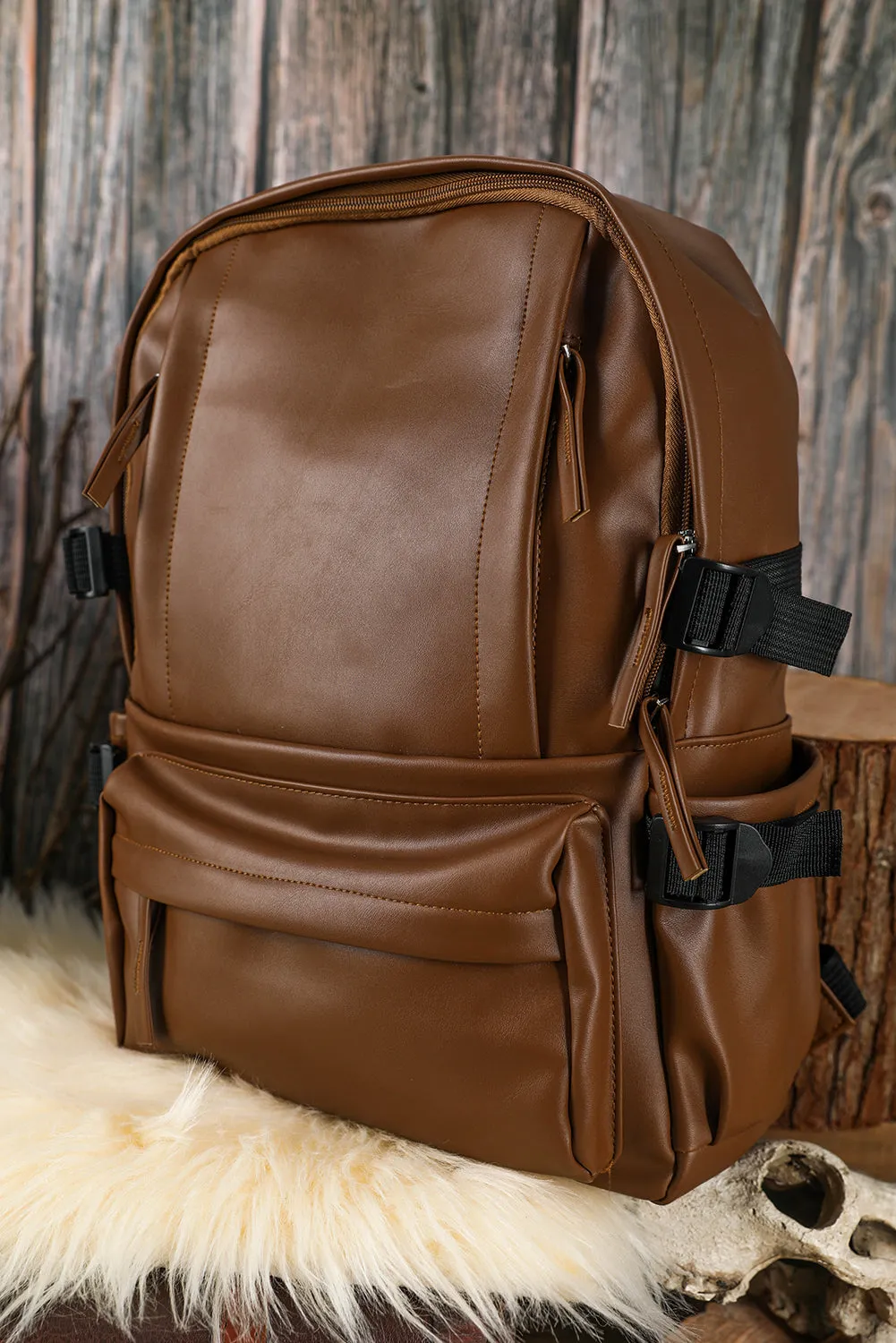 Chestnut Faux Leather Zipped Large Capacity Backpack