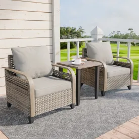 COOS BAY 3 Piece Outdoor Bistro Set, Patio Wicker Bistro Table and Chairs Set of 3, Outdoor Furniture Set w/Wicker Chairs & Side Table, Gray/Brown