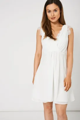 Cream V-Neck Dress With Lace Detail