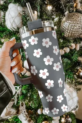 Dark Grey Floret Print Stainless Tumbler With Lid And Straw