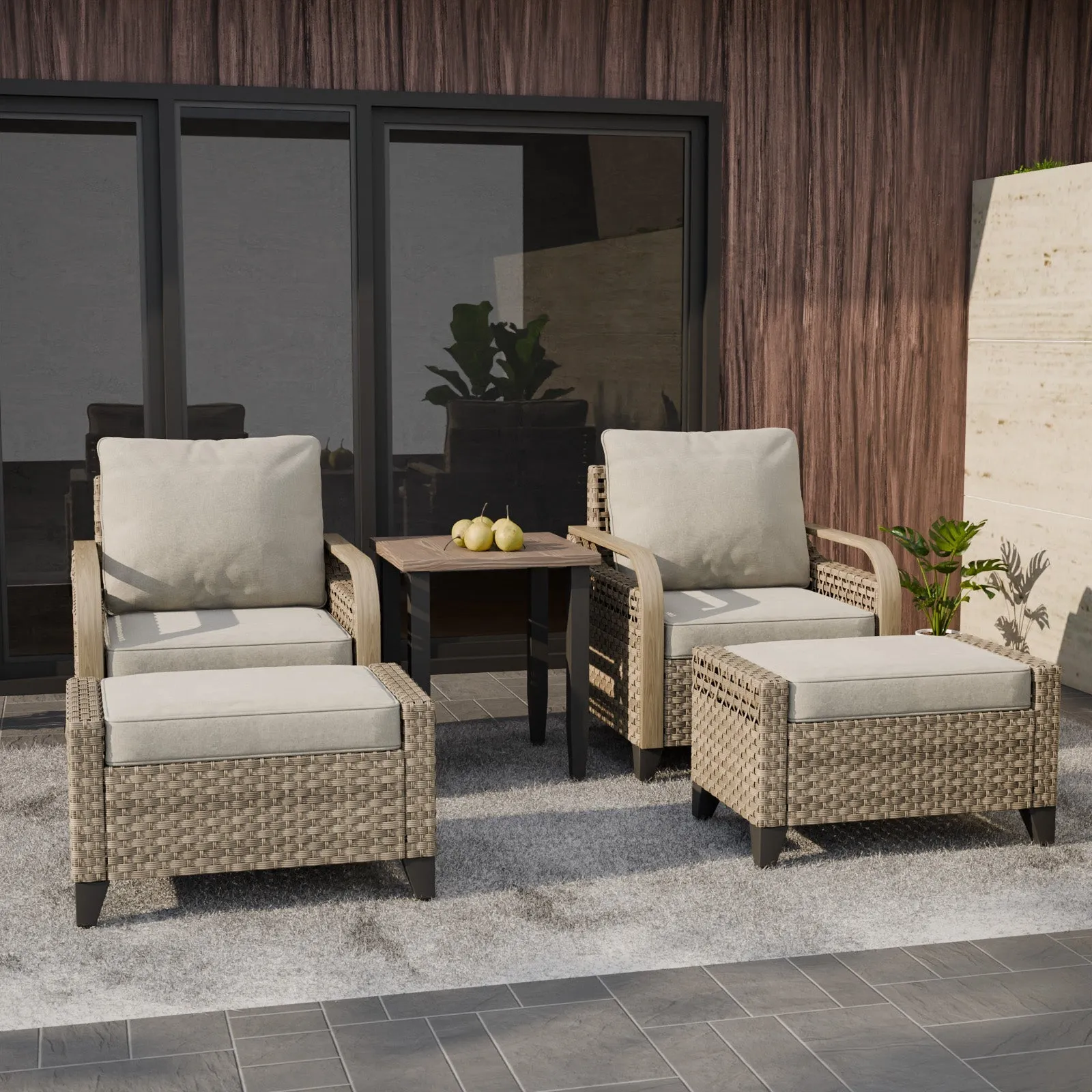 EAGLE PEAK 5 Piece Wicker Outdoor Patio Furniture Set, Patio Set with 2 Patio Chairs, Side Table, and 2 Ottomans, Brown/Gray