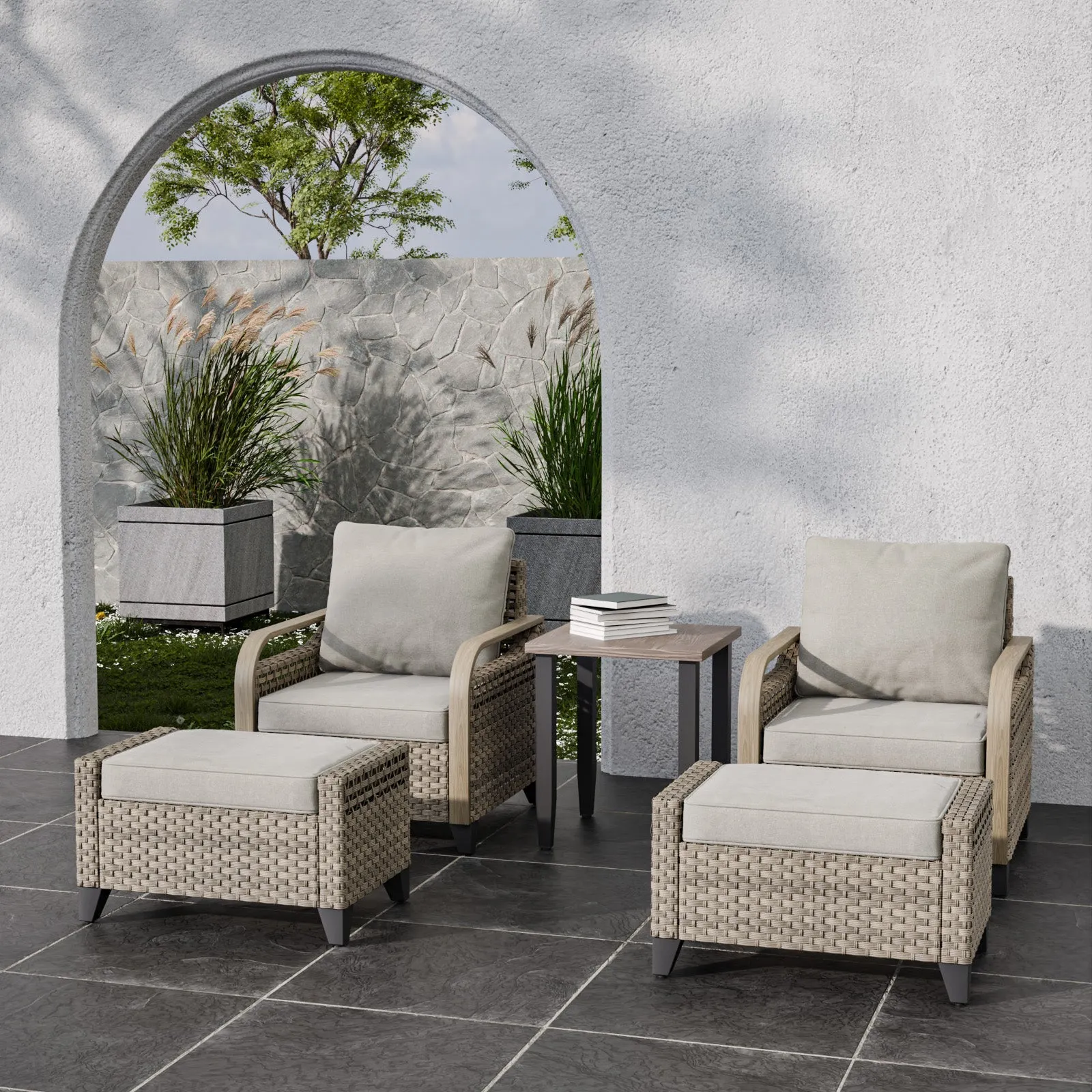 EAGLE PEAK 5 Piece Wicker Outdoor Patio Furniture Set, Patio Set with 2 Patio Chairs, Side Table, and 2 Ottomans, Brown/Gray