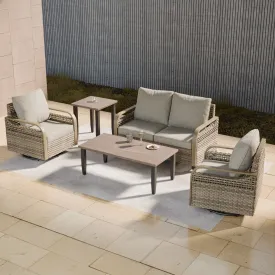 EAGLE PEAK 5 Piece Wicker Outdoor Patio Furniture Set, Patio Set with 2 Swivel Rocking Chairs, 2 Seat Loveseat Sofa, Coffee Table, and Side Table, Brown/Gray