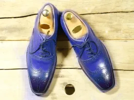 Handmade Men's Blue Leather Wing Tip Brogue Lace Up Shoes, Men Designer Dress Formal Luxury Shoes