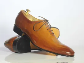 Handmade Men's Tan Pointed Toe Dress Shoes, Men Leather Lace Up Designer Shoes