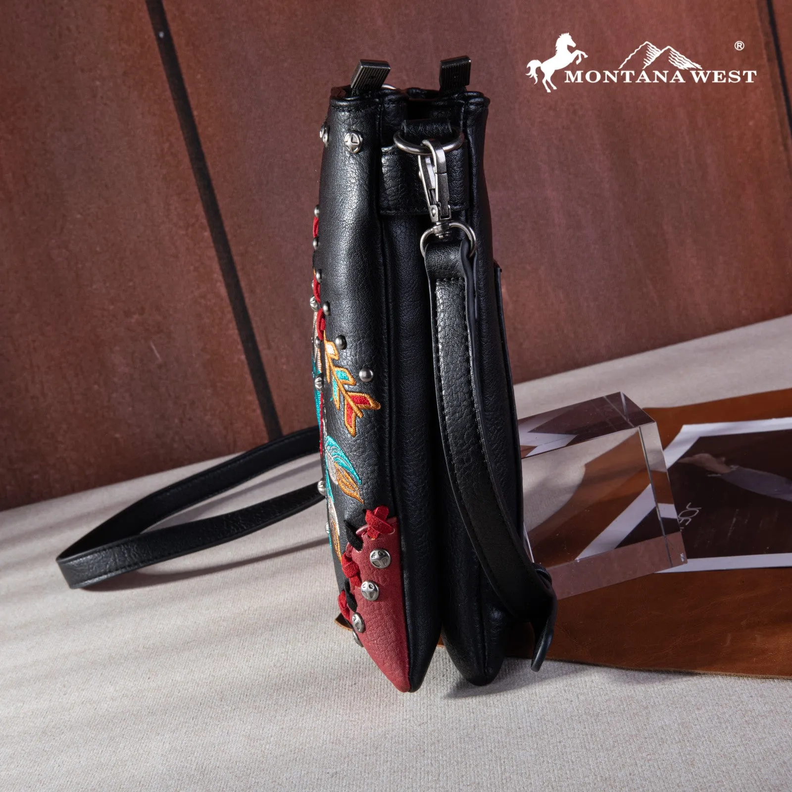 MW1246G-9360  Montana West Embroidered Arrows Feather Collection Concealed Carry Crossbody