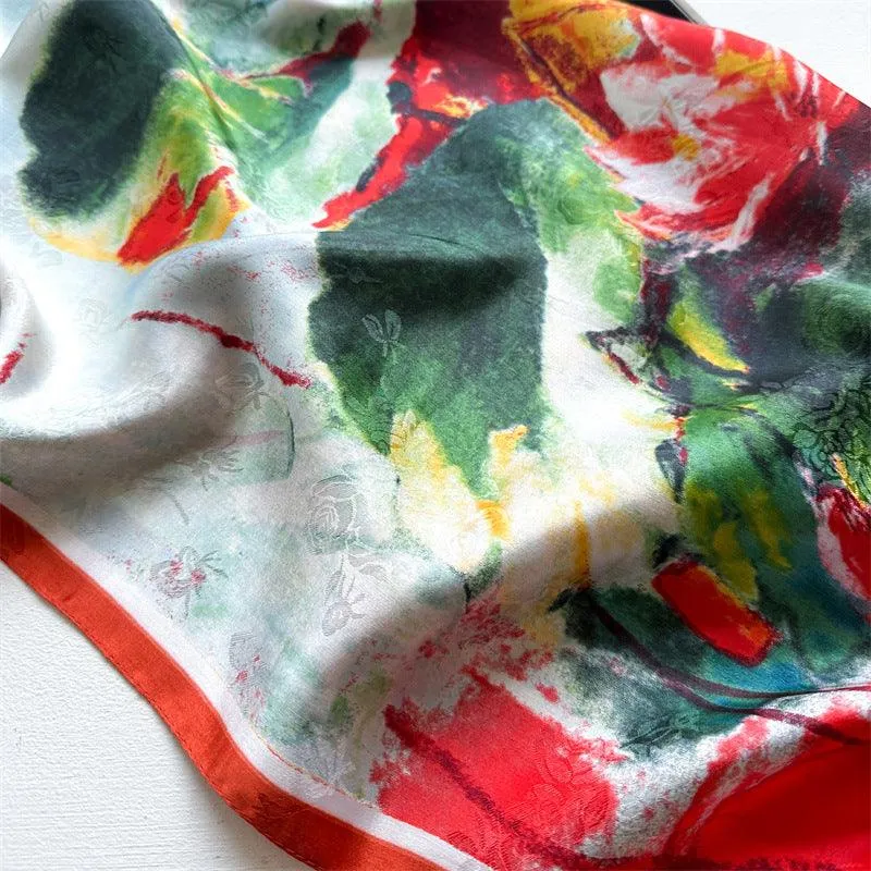 Oil Painting Chic Large Satin Scarf | 90x90cm Bandana | Twill Satin Shawl | Perfect Gift for Her, Mother's Day