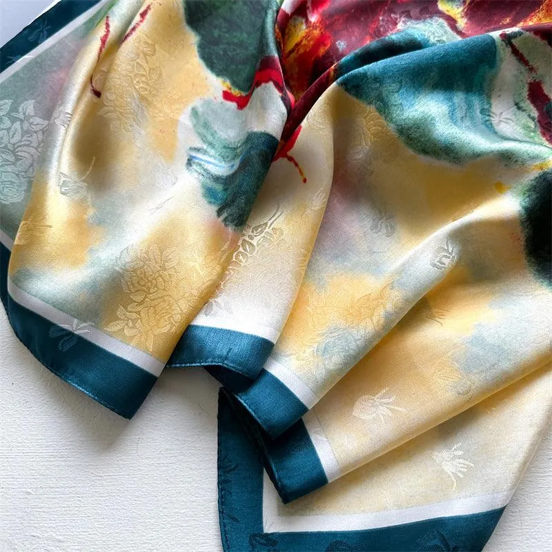 Oil Painting Chic Large Satin Scarf | 90x90cm Bandana | Twill Satin Shawl | Perfect Gift for Her, Mother's Day