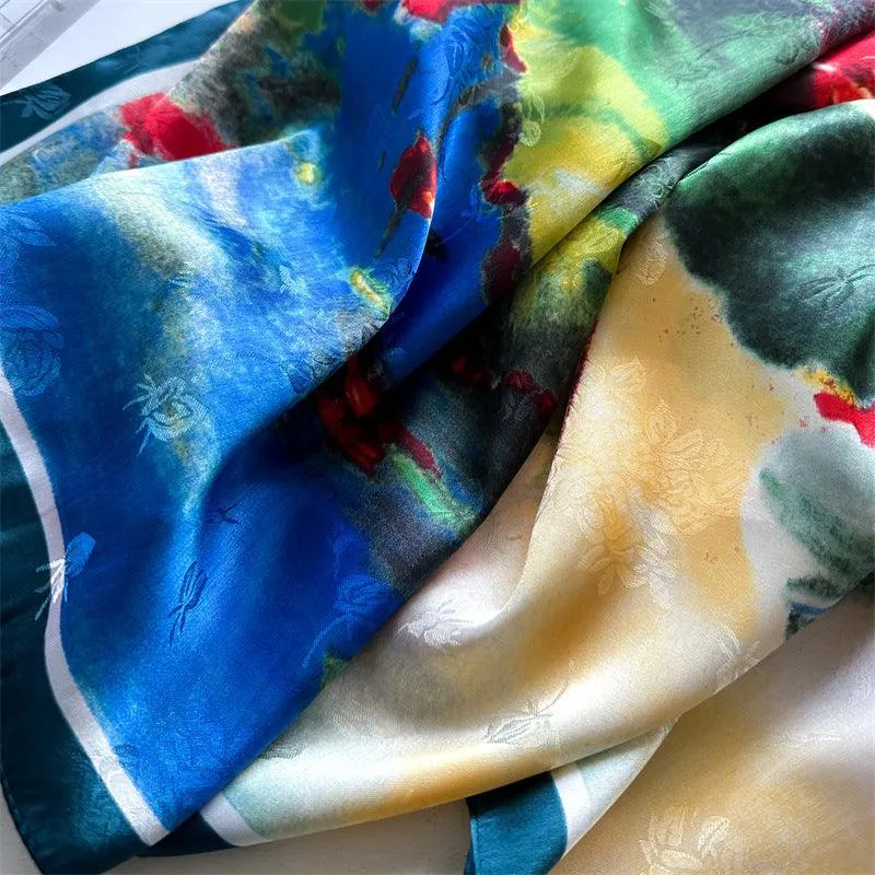 Oil Painting Chic Large Satin Scarf | 90x90cm Bandana | Twill Satin Shawl | Perfect Gift for Her, Mother's Day