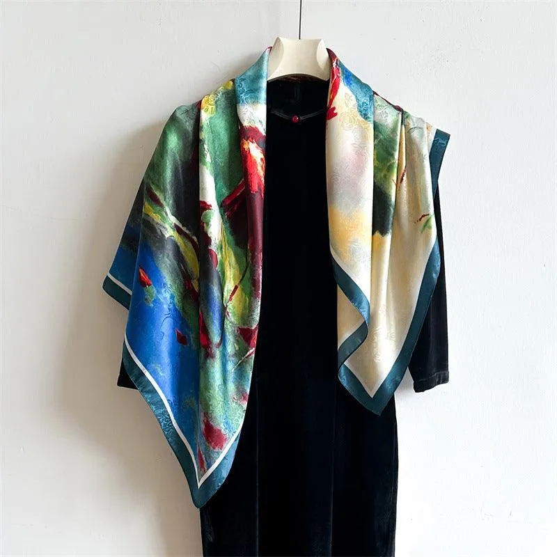 Oil Painting Chic Large Satin Scarf | 90x90cm Bandana | Twill Satin Shawl | Perfect Gift for Her, Mother's Day