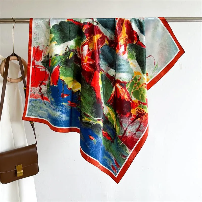 Oil Painting Chic Large Satin Scarf | 90x90cm Bandana | Twill Satin Shawl | Perfect Gift for Her, Mother's Day