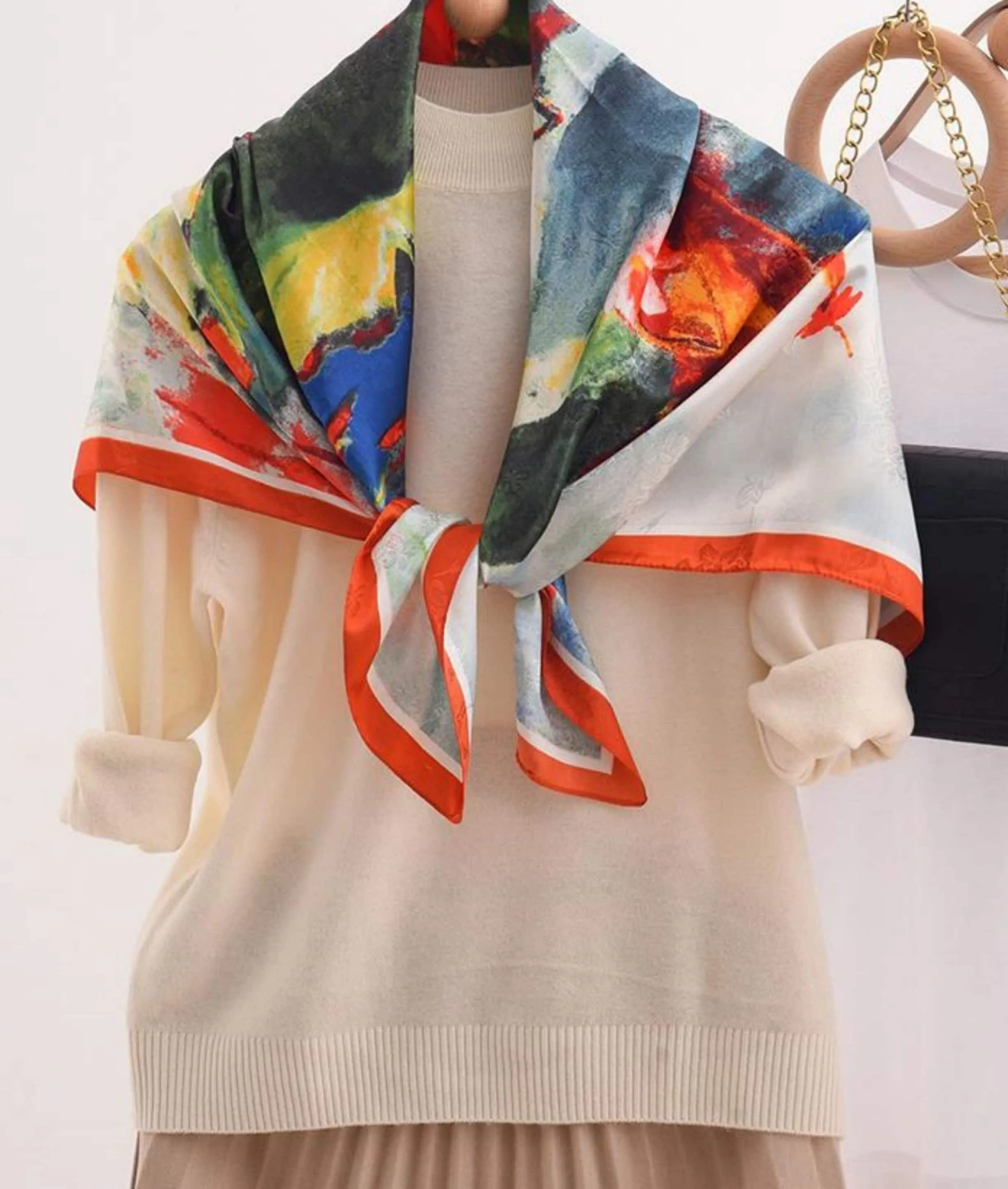 Oil Painting Chic Large Satin Scarf | 90x90cm Bandana | Twill Satin Shawl | Perfect Gift for Her, Mother's Day