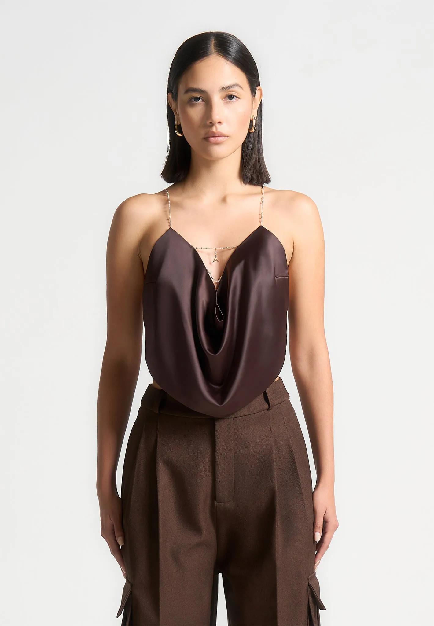 Satin Cowl Neck Top with Chain Detail - Brown