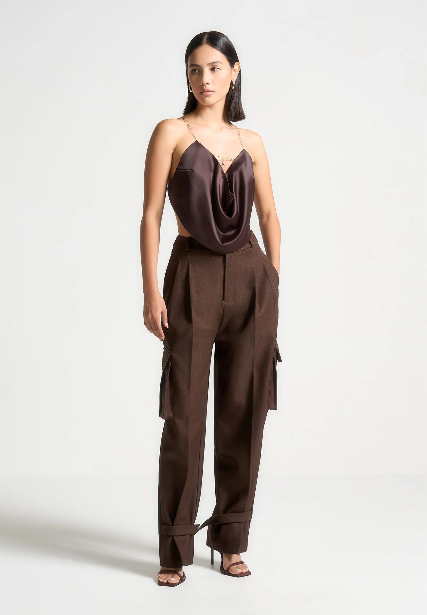 Satin Cowl Neck Top with Chain Detail - Brown