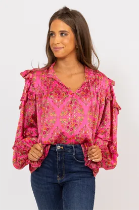 Satin Floral Ruffle Sleeve Top