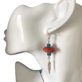 Silver Plated Dangle Earrings with Coral and Howlite