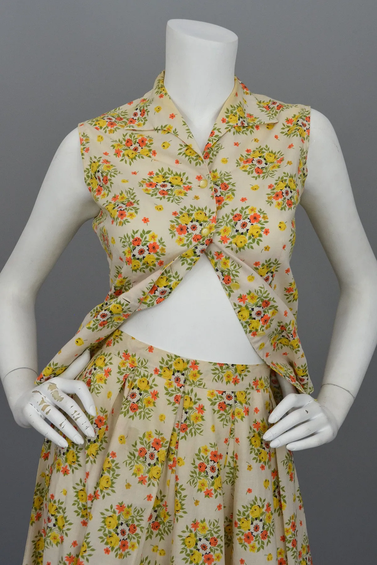 Vintage 1950's Cotton Yellow Rose Print Skirt and Top Dress