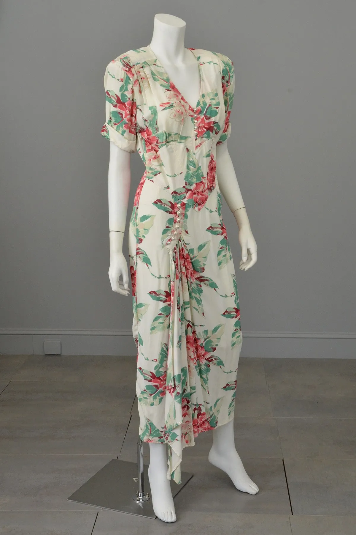 Vintage 80s does 40s Tropical Floral Print Swag Dress by Karen Alexander