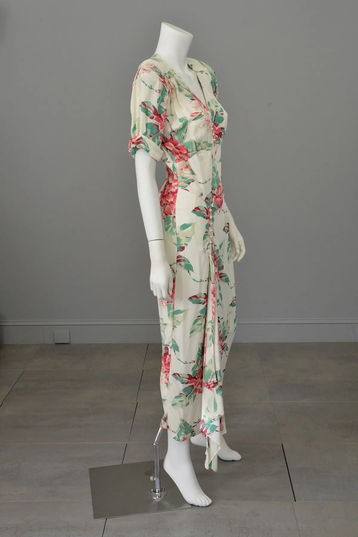 Vintage 80s does 40s Tropical Floral Print Swag Dress by Karen Alexander