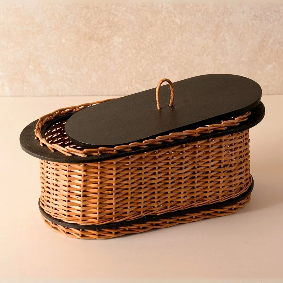 Wooden Bread Box Handcrafted & Cutlery Holder In Willow Wicker & Wood | Handmade In India