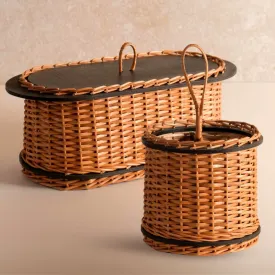 Wooden Bread Box Handcrafted & Cutlery Holder In Willow Wicker & Wood | Handmade In India