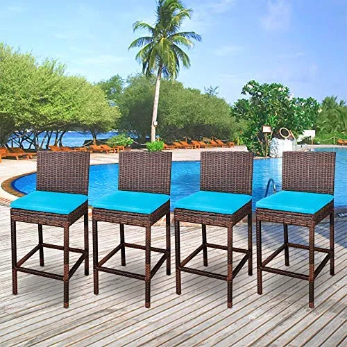 ZENY™ Outdoor All Weather Wicker Bar Stools with Cushions, Patio Furniture Bar Stool (Set of 4)